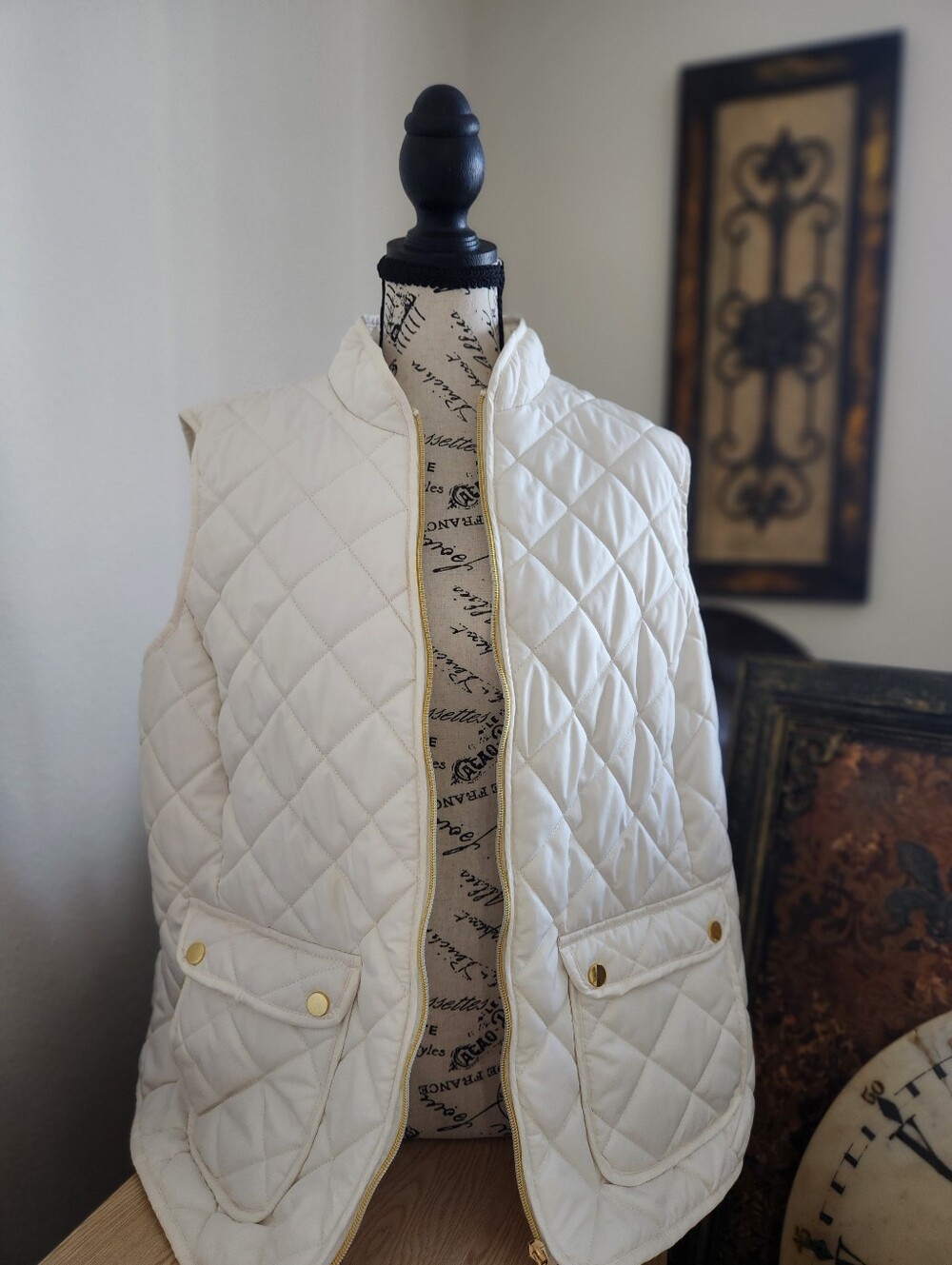 St. John's Bay Cream Quilted Sleeveless Vest with Gold-Tone Hardware